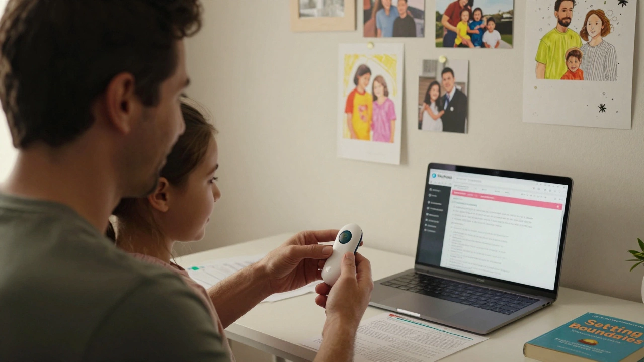 A father gives his daughter a safety device as they share a quiet, supportive moment at home.