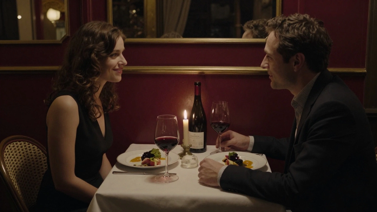 A quiet dinner in a Paris bistro with candlelight, wine, and shared silence between two individuals.