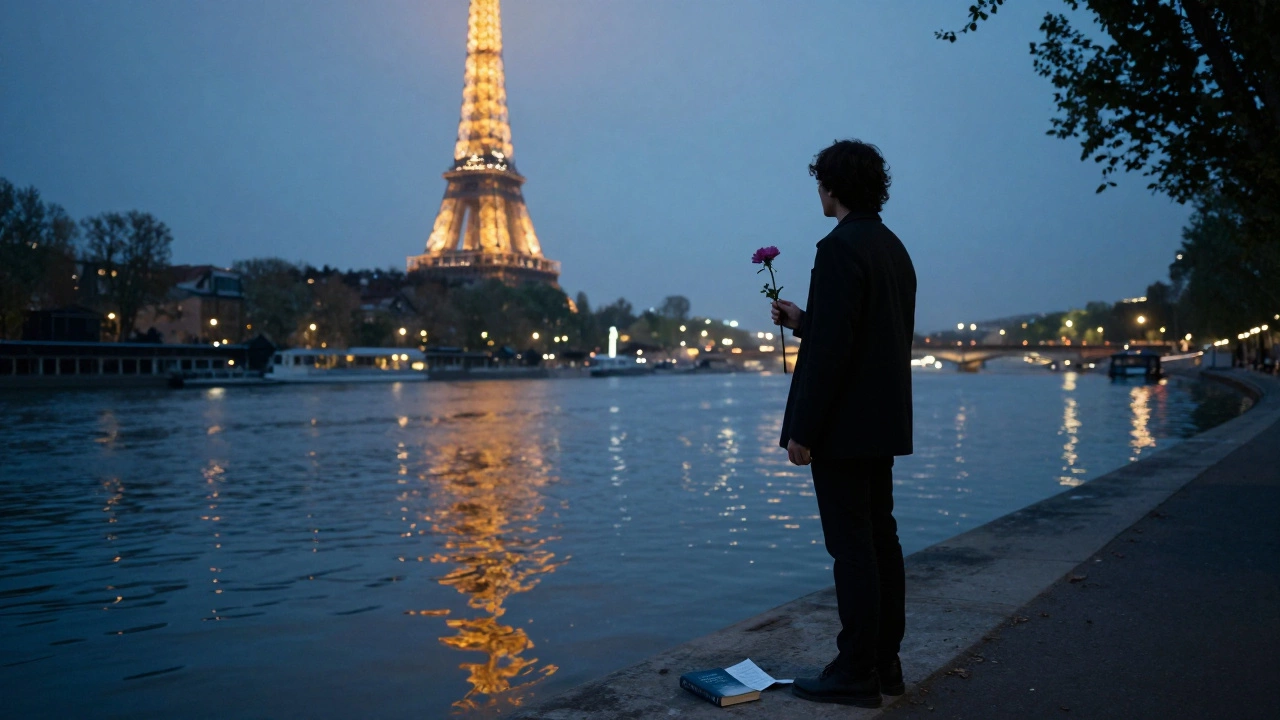 A solitary figure on the Seine at dusk, gazing at the Eiffel Tower with a flower in hand.